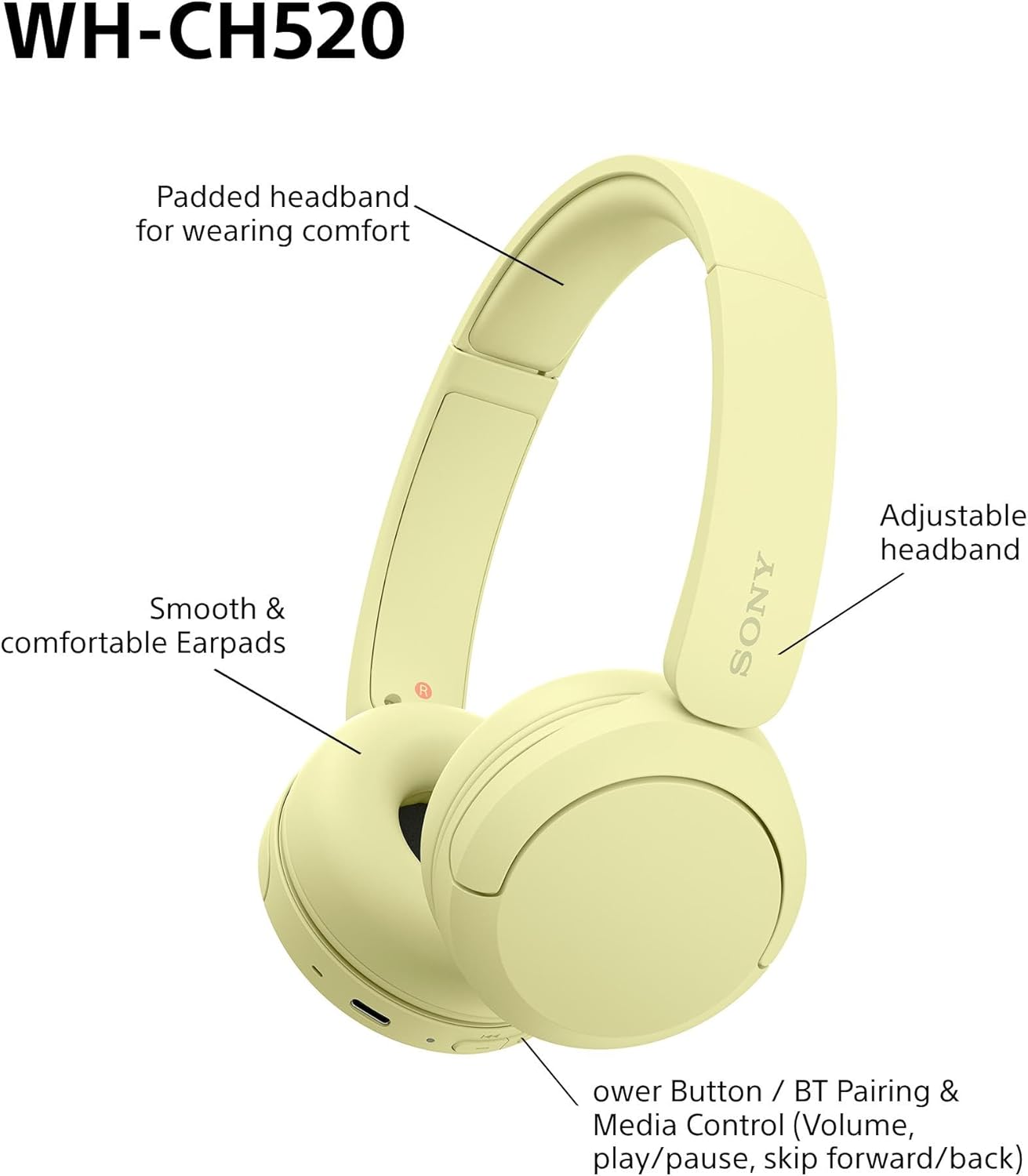 Sony WH-CH520 Wireless Bluetooth On-Ear Headphones, Sound, Lightweight Design, Up to 50hr Battery Life, Quick Charge, EQ, Clear Call Quality, iOS & Android