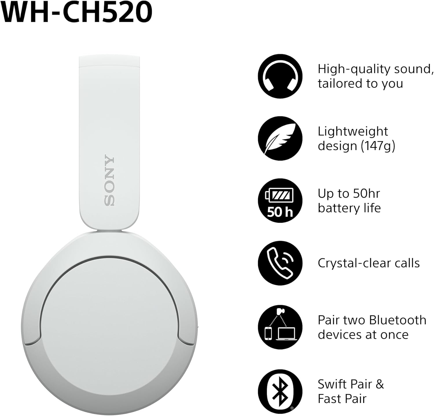 Sony WH-CH520 Wireless Bluetooth On-Ear Headphones, Lightweight Design, Up to 50hr Battery Life, Quick Charge, EQ, Clear Call Quality, iOS & Android