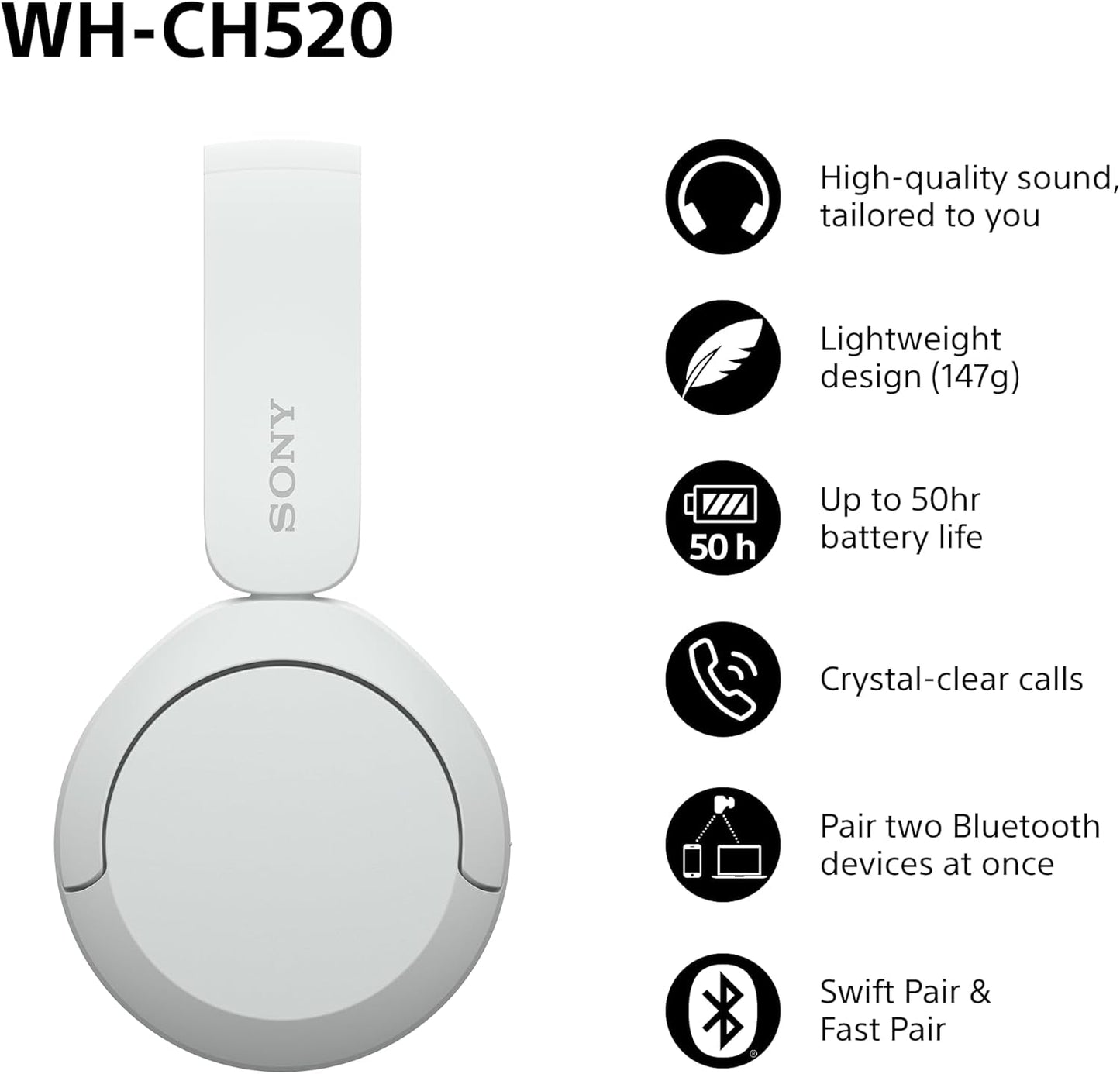 Sony WH-CH520 Wireless Bluetooth On-Ear Headphones, Lightweight Design, Up to 50hr Battery Life, Quick Charge, EQ, Clear Call Quality, iOS & Android