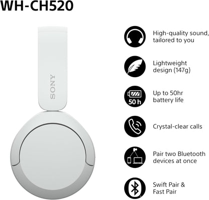 Sony WH-CH520 Wireless Bluetooth On-Ear Headphones, Lightweight Design, Up to 50hr Battery Life, Quick Charge, EQ, Clear Call Quality, iOS & Android