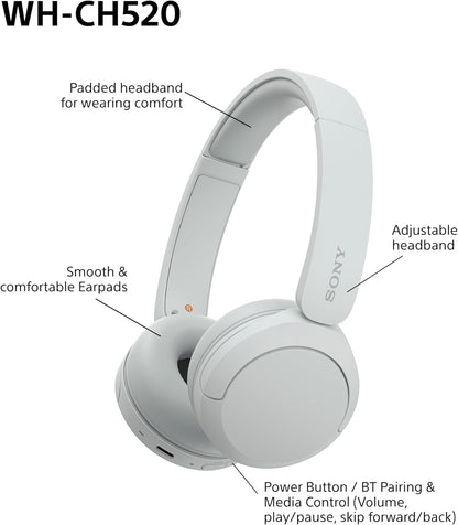 Sony WH-CH520 Wireless Bluetooth On-Ear Headphones, Lightweight Design, Up to 50hr Battery Life, Quick Charge, EQ, Clear Call Quality, iOS & Android