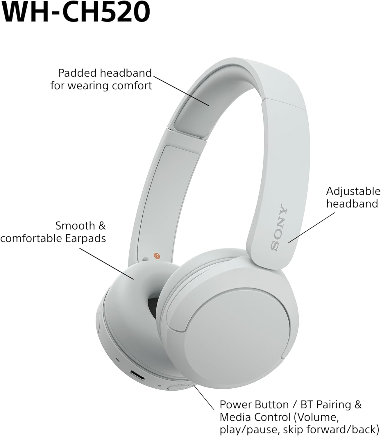 Sony WH-CH520 Wireless Bluetooth On-Ear Headphones, Lightweight Design, Up to 50hr Battery Life, Quick Charge, EQ, Clear Call Quality, iOS & Android
