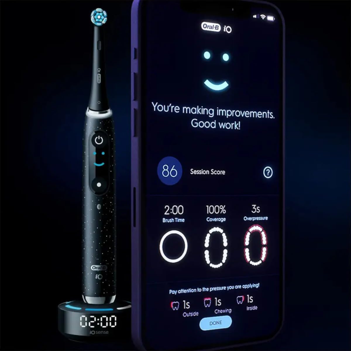 Oral-B iO Series 10 Electric Toothbrush, 7 Cleaning Modes for Dental Care, iOSense, Colour Display, Charging Travel Case, Designed by Braun, Cosmic Black