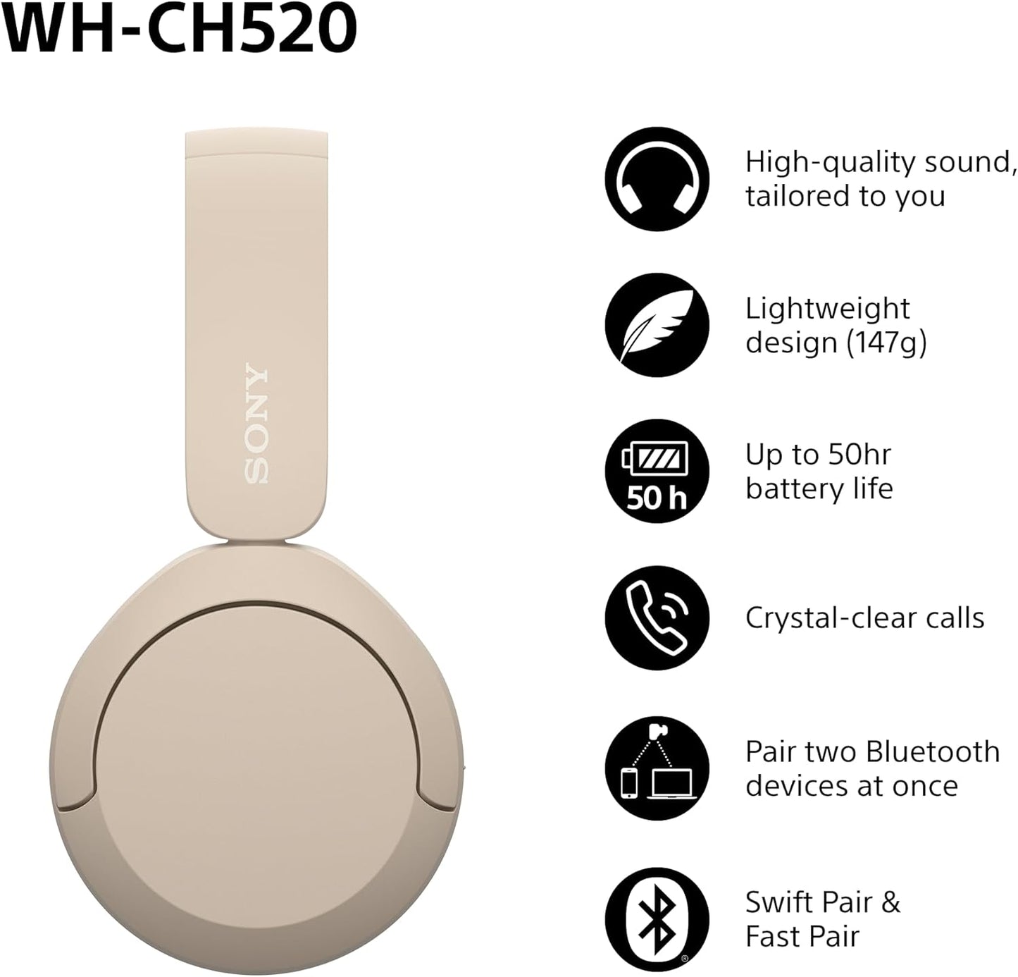 Sony WH-CH520 Wireless Bluetooth On-Ear Headphones, Lightweight Design, Up to 50hr Battery Life, Quick Charge, EQ, Clear Call Quality, iOS & Android