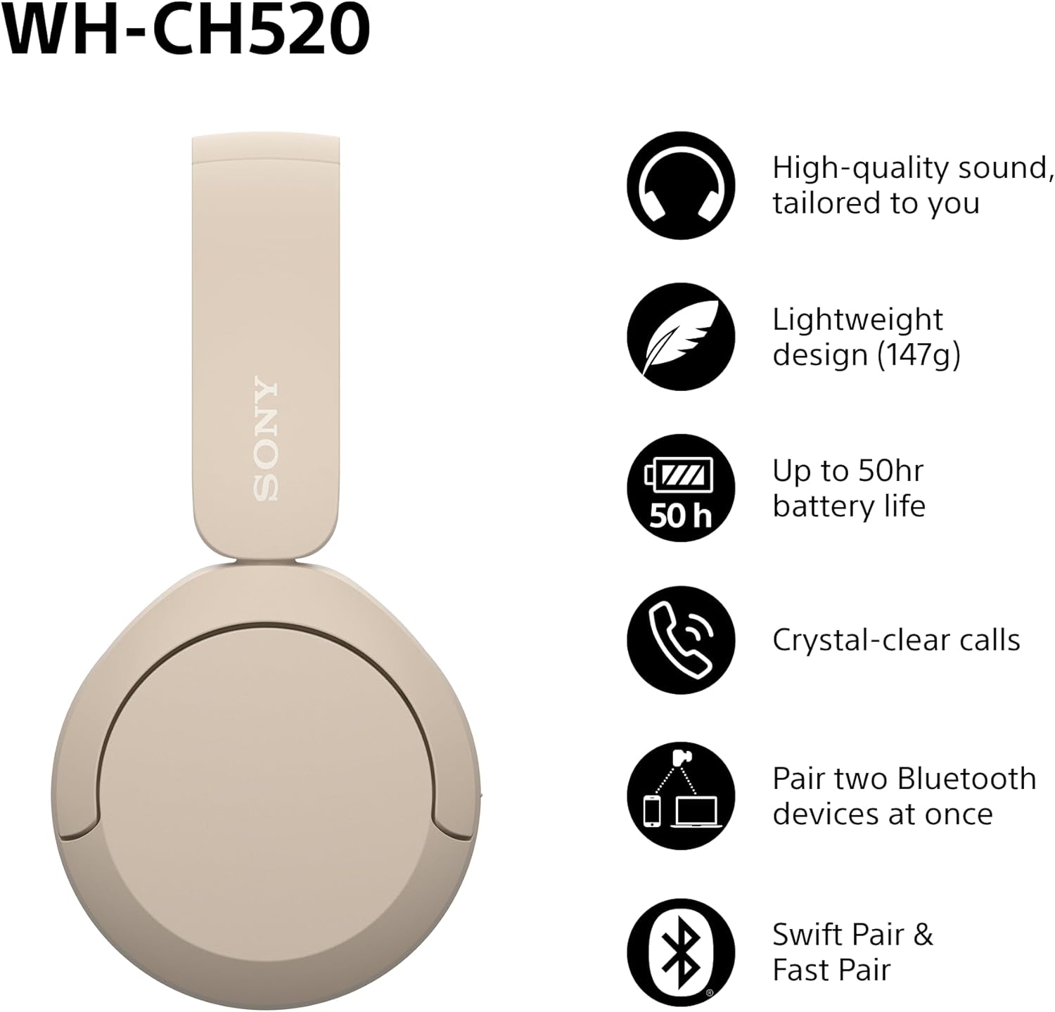 Sony WH-CH520 Wireless Bluetooth On-Ear Headphones, Lightweight Design, Up to 50hr Battery Life, Quick Charge, EQ, Clear Call Quality, iOS & Android