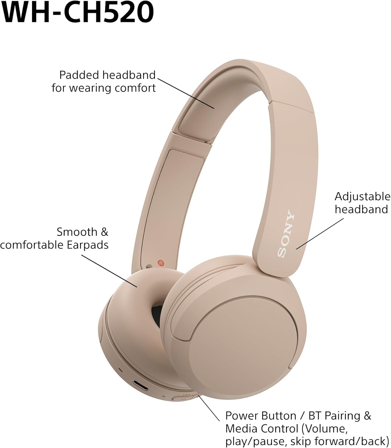Sony WH-CH520 Wireless Bluetooth On-Ear Headphones, Lightweight Design, Up to 50hr Battery Life, Quick Charge, EQ, Clear Call Quality, iOS & Android
