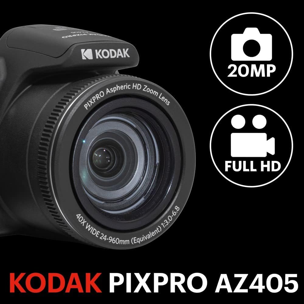 KODAK Bridge Digital Pack Pixpro Astro Zoom AZ405 + 32GB Kodak Ultra High Speed U1 SDHC Card – 20MP Camera, 40X Zoom, Wide Angle, 3" LCD Screen, Full HD 1080p Video, OIS, AA Battery –