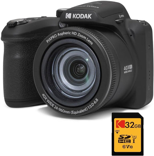 KODAK Bridge Digital Pack Pixpro Astro Zoom AZ405 + 32GB Kodak Ultra High Speed U1 SDHC Card – 20MP Camera, 40X Zoom, Wide Angle, 3" LCD Screen, Full HD 1080p Video, OIS, AA Battery –