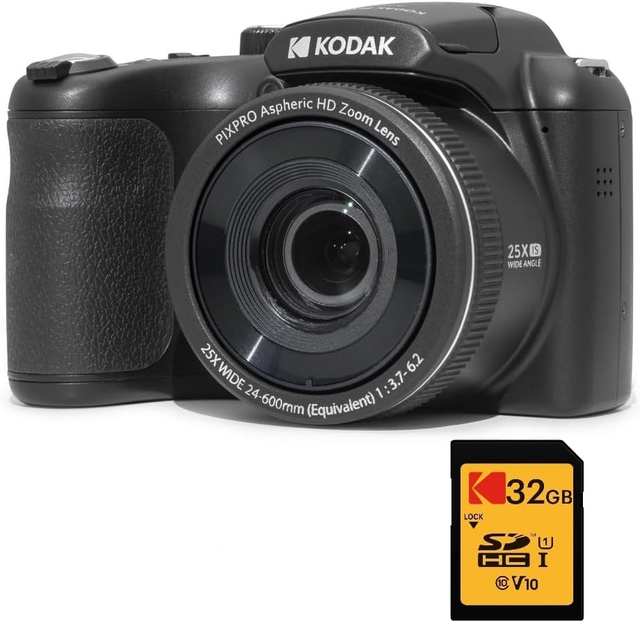 KODAK Pixpro Astro Zoom AZ255 + SD Memory Card 32 GB – 16 MP Digital Bridge Camera, 25X Zoom, 1080p HD Video, 24 mm Wide Angle, 3 LCD Screen, AA Battery –