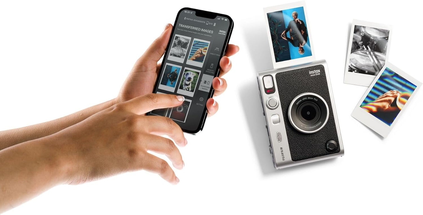 Instax mini EVO 2-in-1 photo camera and printer with a 2.7 inch LCD screen, 10 Lens and 10 film effects, mini film format, . Make and create stunning instant photos