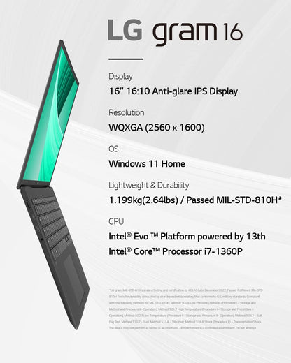 LG Electronics gram 2023 16Z90R 16 inch ultra-lightweight laptop, 13th Gen Intel Evo i7-1360P platform, , , Dolby ATMOS, Windows 11 (Obsidian Black)`