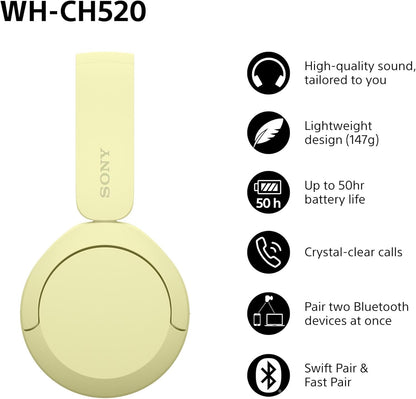 Sony WH-CH520 Wireless Bluetooth On-Ear Headphones, Sound, Lightweight Design, Up to 50hr Battery Life, Quick Charge, EQ, Clear Call Quality, iOS & Android