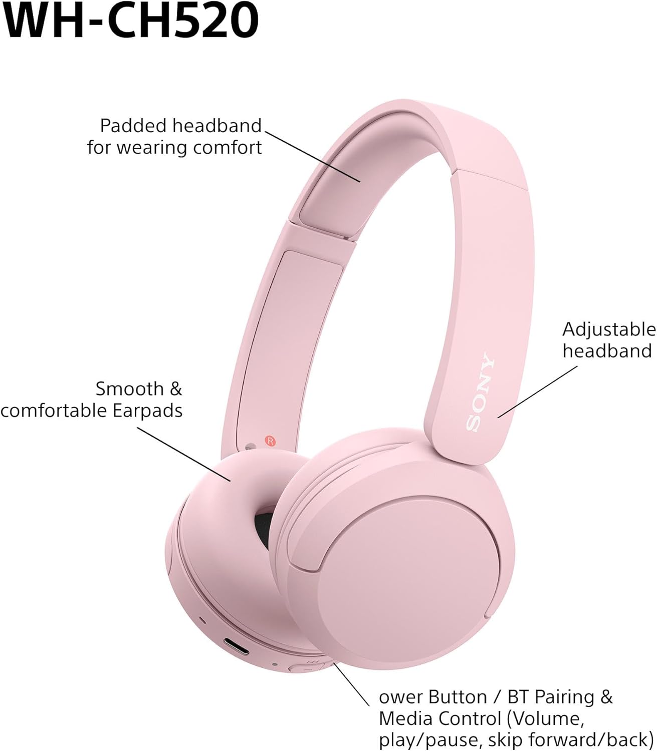 Sony WH-CH520 Wireless Bluetooth On-Ear Headphones, Sound, Lightweight Design, Up to 50hr Battery Life, Quick Charge, EQ, Clear Call Quality, iOS & Android