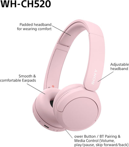 Sony WH-CH520 Wireless Bluetooth On-Ear Headphones, Sound, Lightweight Design, Up to 50hr Battery Life, Quick Charge, EQ, Clear Call Quality, iOS & Android