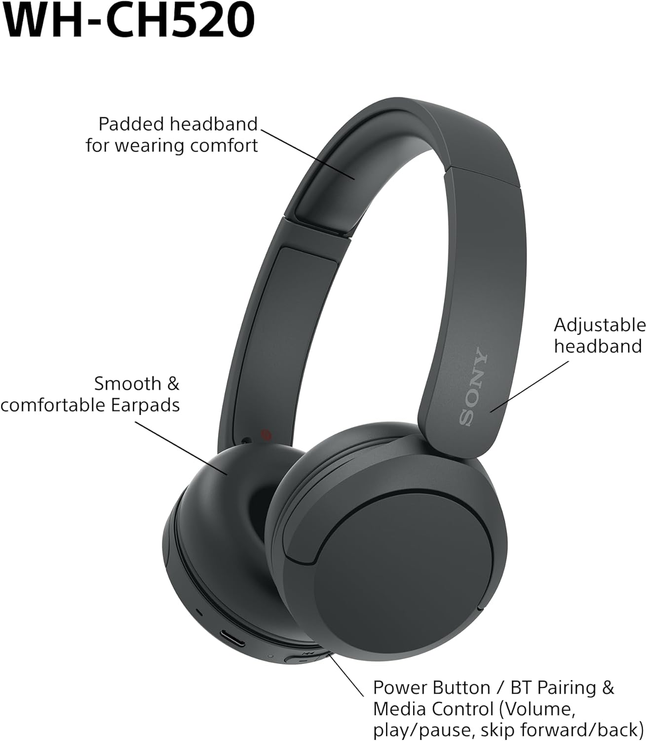 Sony WH-CH520 Wireless Bluetooth On-Ear Headphones, Lightweight Design, Up to 50hr Battery Life, Quick Charge, EQ, Clear Call Quality, iOS & Android