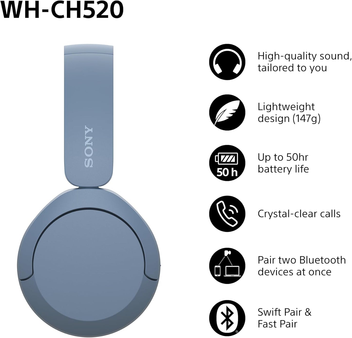 Sony WH-CH520 Wireless tooth On-Ear Headphones, Lightweight Design, Up to 50hr Battery Life, Quick Charge, EQ, Clear Call Quality, iOS & Android