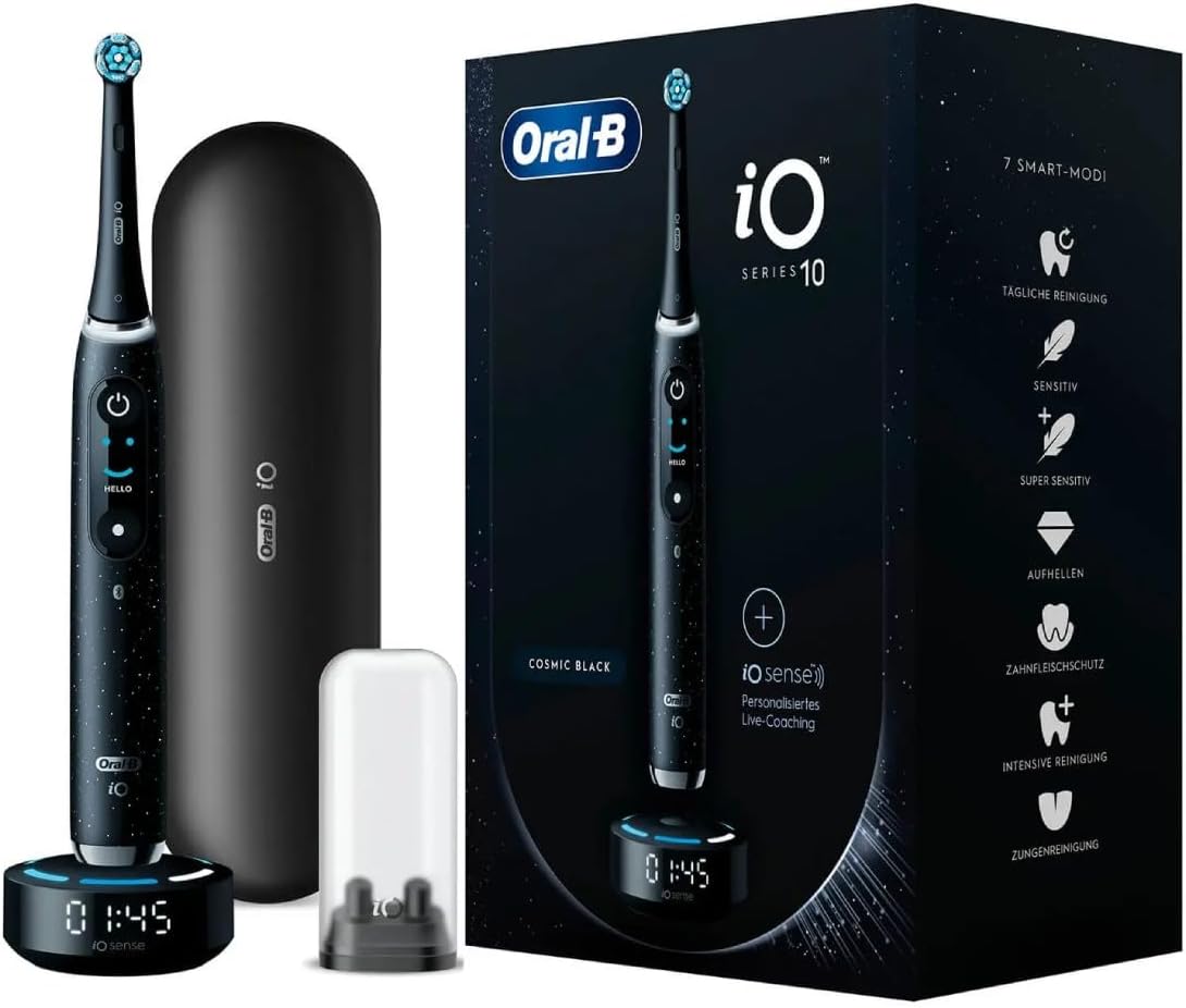 Oral-B iO Series 10 Electric Toothbrush, 7 Cleaning Modes for Dental Care, iOSense, Colour Display, Charging Travel Case, Designed by Braun, Cosmic Black