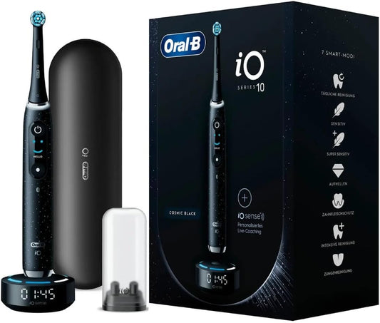 Oral-B iO Series 10 Electric Toothbrush, 7 Cleaning Modes for Dental Care, iOSense, Colour Display, Charging Travel Case, Designed by Braun, Cosmic Black