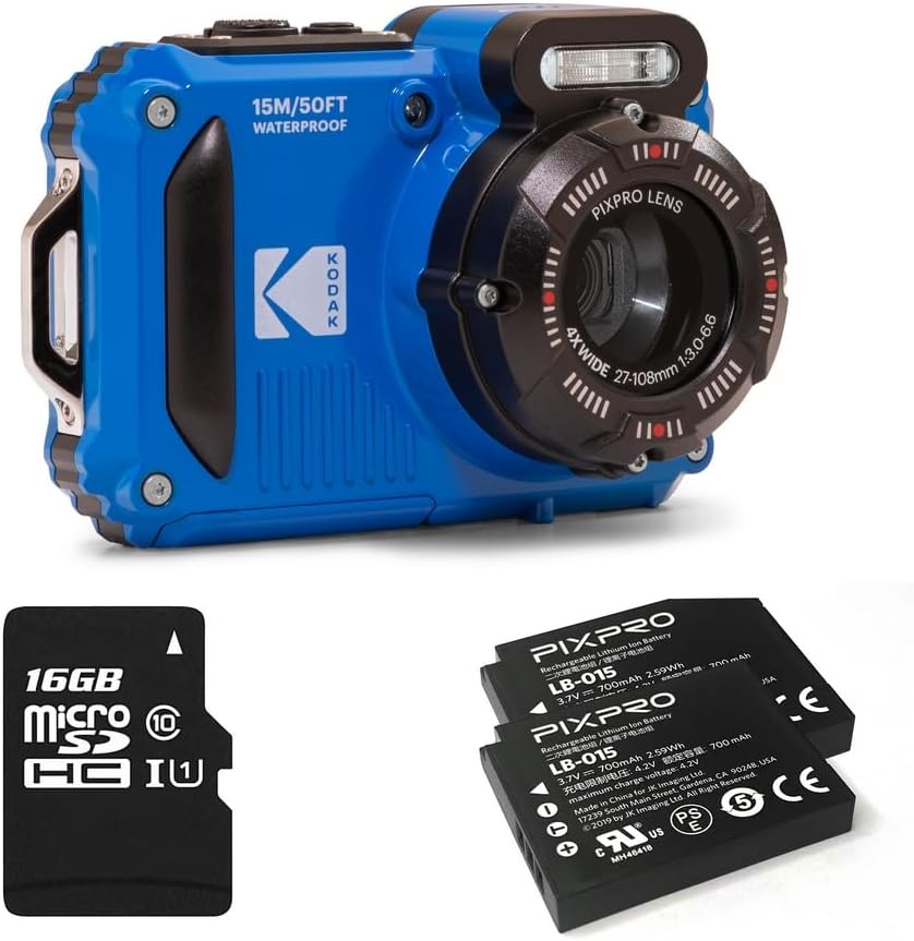 KODAK Pixpro WPZ2 Pack + 2 Batteries + 1 SD Card - 16M Pixel Compact Digital Camera, Waterproof to 15m, Shockproof, Video 720p, 2.7" LCD Screen - Li-ion Battery