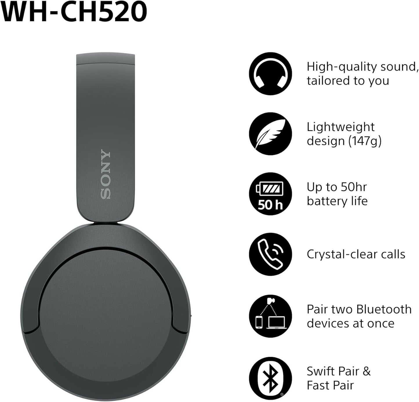 Sony WH-CH520 Wireless Bluetooth On-Ear Headphones, Lightweight Design, Up to 50hr Battery Life, Quick Charge, EQ, Clear Call Quality, iOS & Android