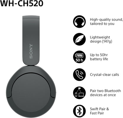 Sony WH-CH520 Wireless Bluetooth On-Ear Headphones, Lightweight Design, Up to 50hr Battery Life, Quick Charge, EQ, Clear Call Quality, iOS & Android