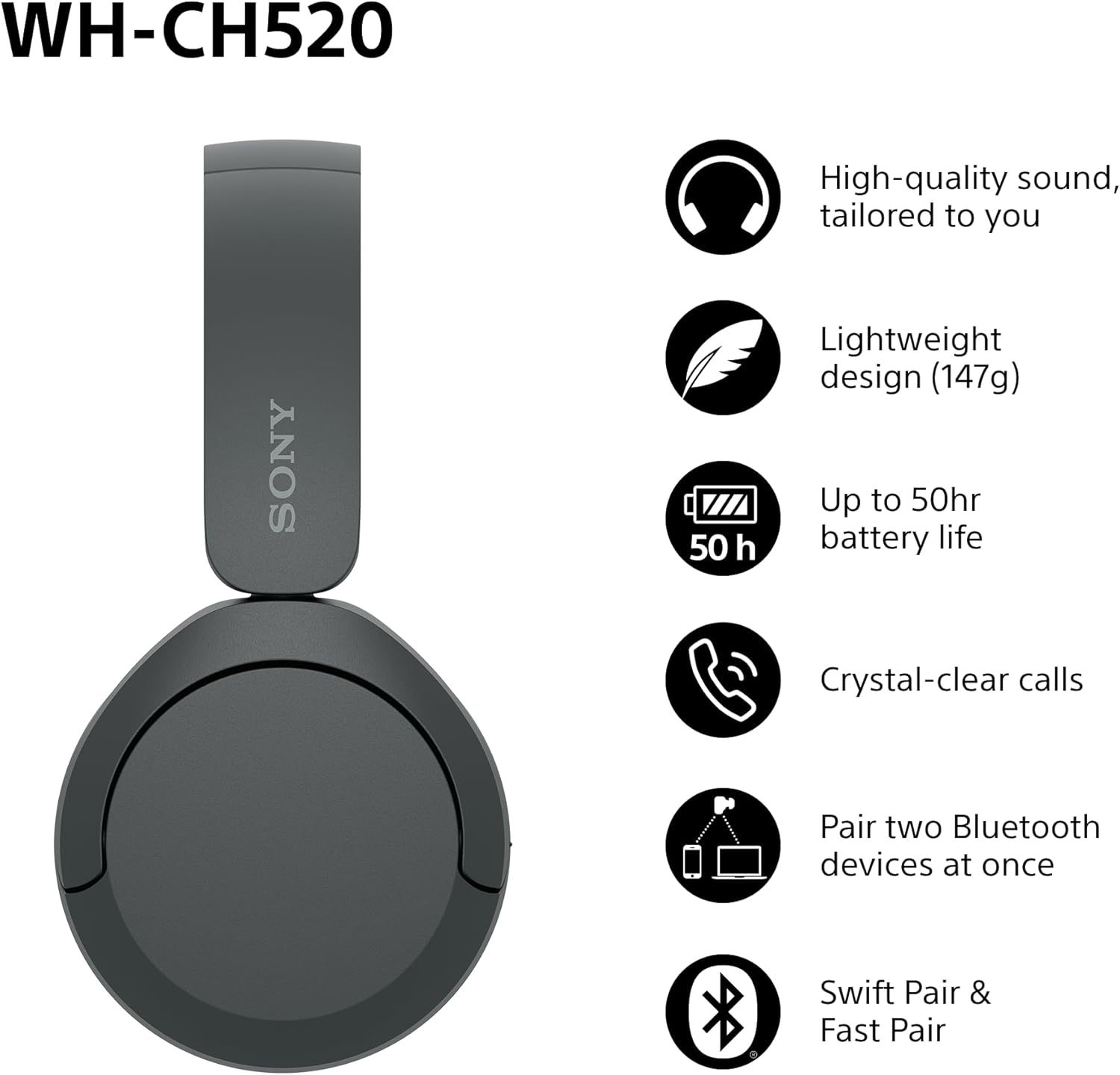 Sony WH-CH520 Wireless Bluetooth On-Ear Headphones, Lightweight Design, Up to 50hr Battery Life, Quick Charge, EQ, Clear Call Quality, iOS & Android