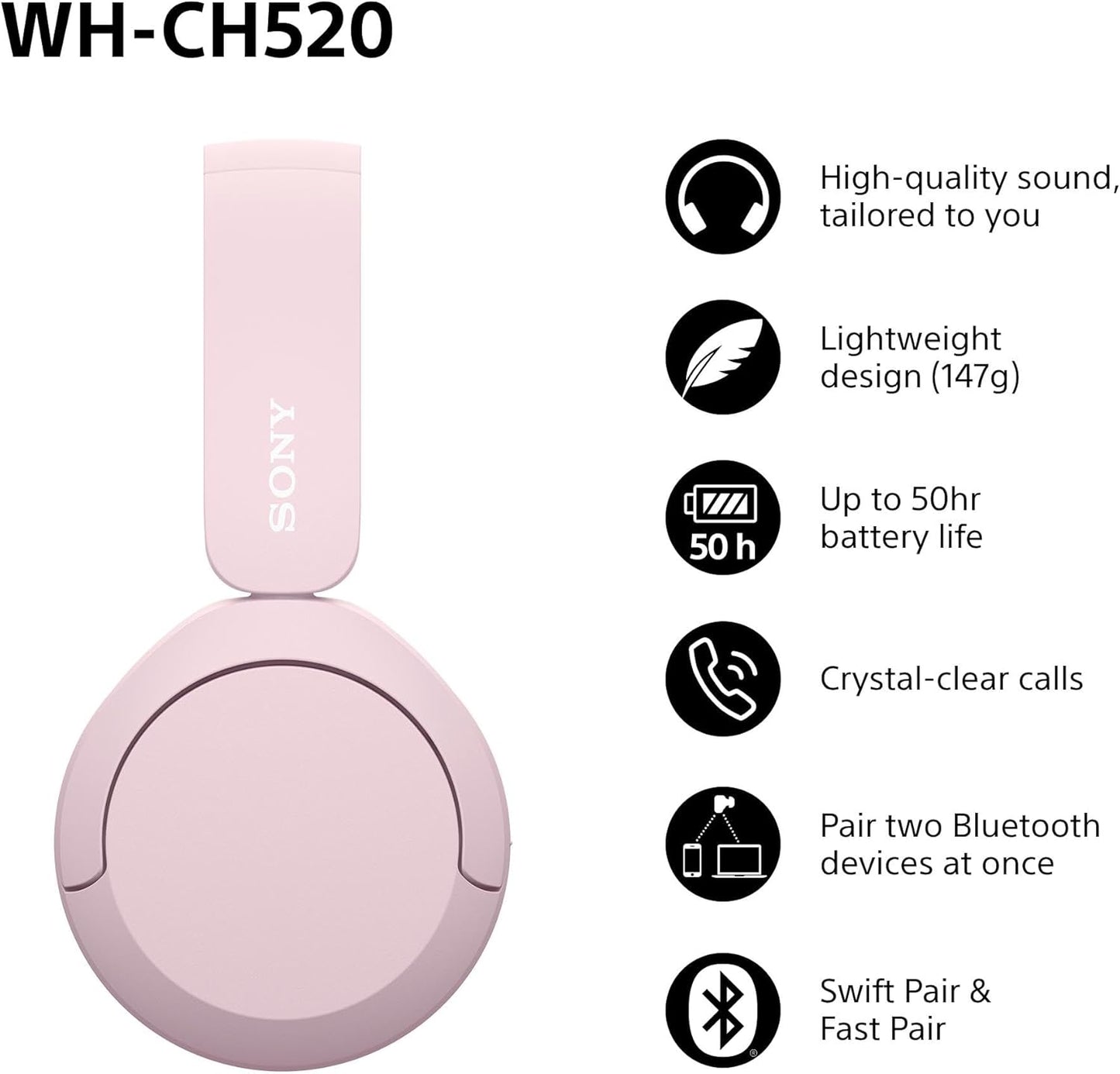 Sony WH-CH520 Wireless Bluetooth On-Ear Headphones, Sound, Lightweight Design, Up to 50hr Battery Life, Quick Charge, EQ, Clear Call Quality, iOS & Android