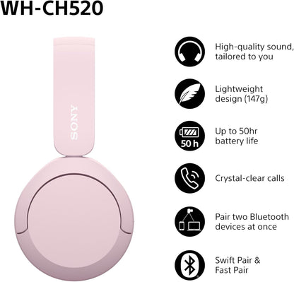 Sony WH-CH520 Wireless Bluetooth On-Ear Headphones, Sound, Lightweight Design, Up to 50hr Battery Life, Quick Charge, EQ, Clear Call Quality, iOS & Android