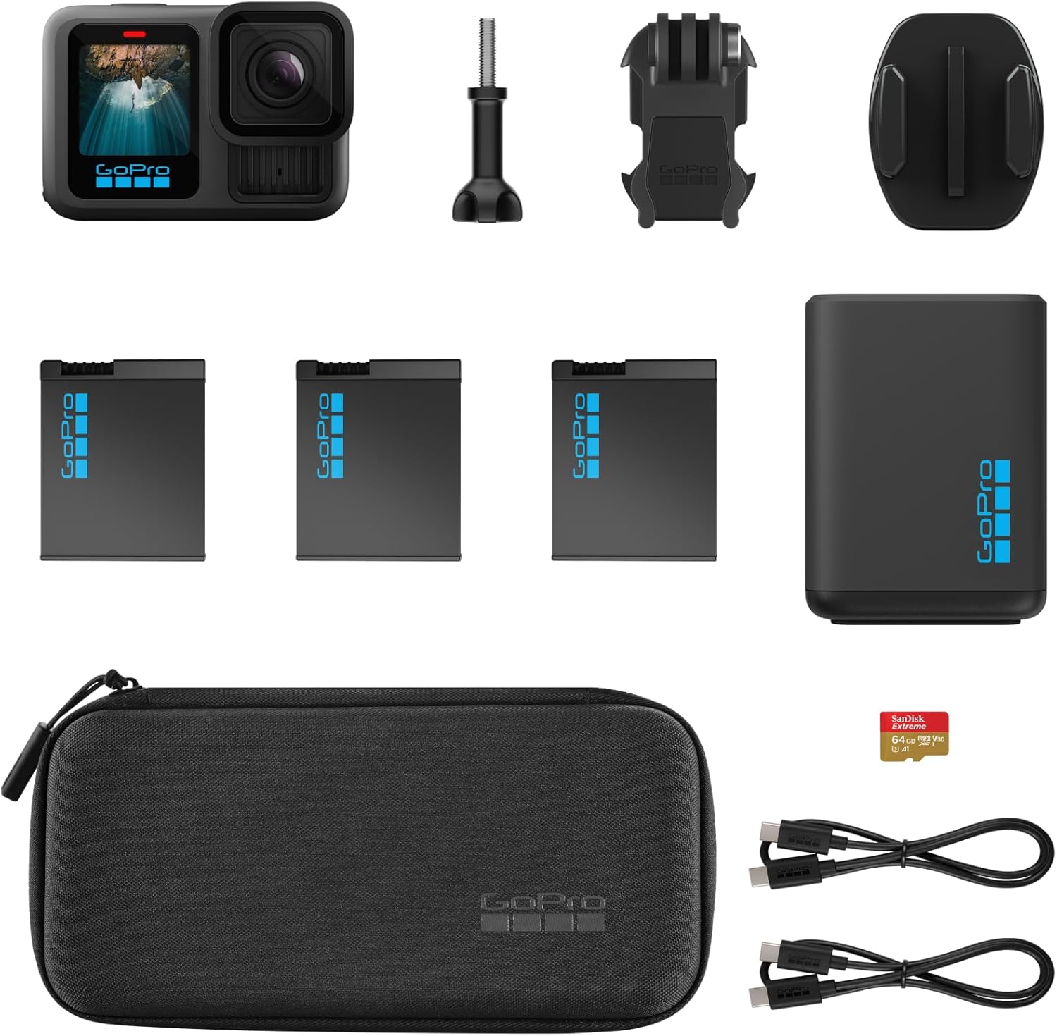GoPro HERO13 Black Extended Power Bundle - Includes Dual Battery Charger, 3 Enduro Batteries, 64GB microSD Card, Curved Adhesive Mount, and Camera Case