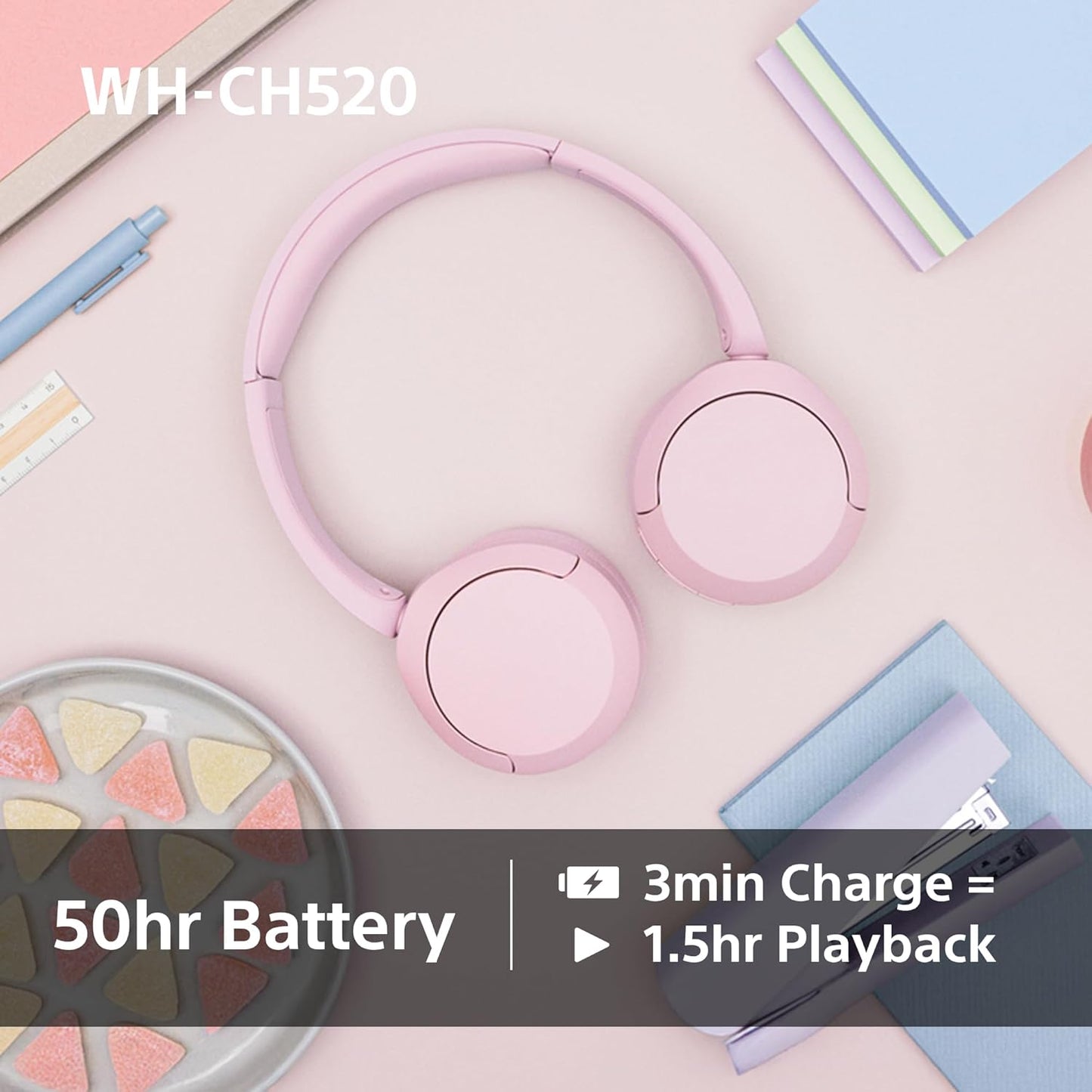 Sony WH-CH520 Wireless Bluetooth On-Ear Headphones, Lightweight Design, Up to 50hr Battery Life, Quick Charge, EQ, Clear Call Quality, iOS & Android