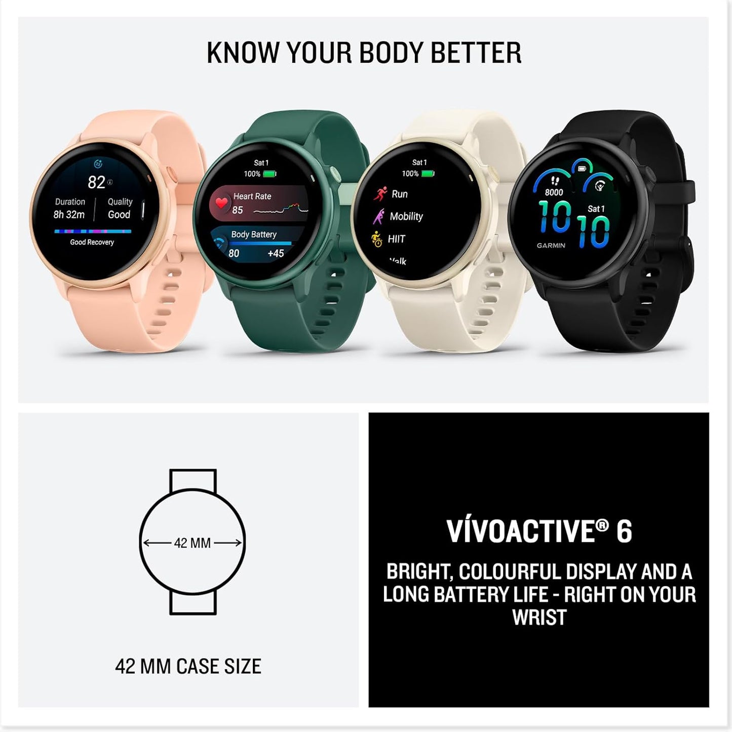 Garmin vívoactive 6 GPS 42mm Smartwatch, AMOLED Touchscreen, All-day Health Monitoring, Personalised Fitness Features, Advanced Sleep Coaching, Music, up to 11 days battery life,