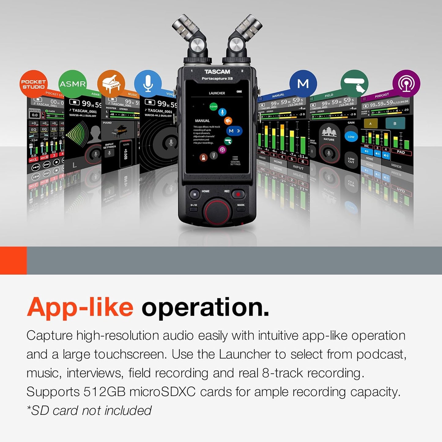 TASCAM Portacapture X8 - Portable 6+2-Track High-Resolution 32-bit float/192-kHz Recorder, usb2.0