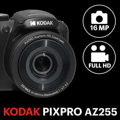 KODAK Pixpro Astro Zoom AZ255 + SD Memory Card 32 GB – 16 MP Digital Bridge Camera, 25X Zoom, 1080p HD Video, 24 mm Wide Angle, 3 LCD Screen, AA Battery –
