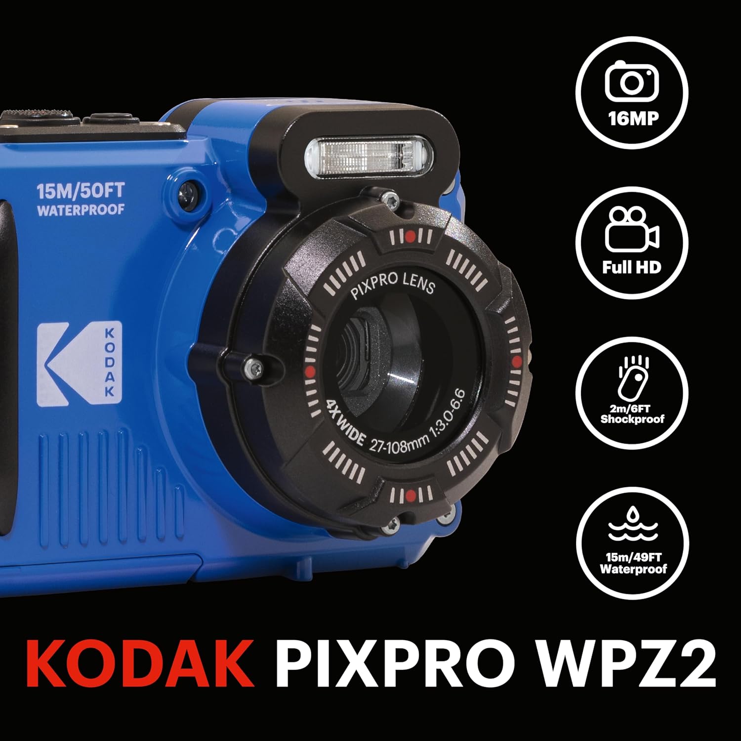 KODAK Pixpro WPZ2 Pack + 2 Batteries + 1 SD Card - 16M Pixel Compact Digital Camera, Waterproof to 15m, Shockproof, Video 720p, 2.7" LCD Screen - Li-ion Battery