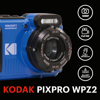 KODAK Pixpro WPZ2 Pack + 2 Batteries + 1 SD Card - 16M Pixel Compact Digital Camera, Waterproof to 15m, Shockproof, Video 720p, 2.7" LCD Screen - Li-ion Battery