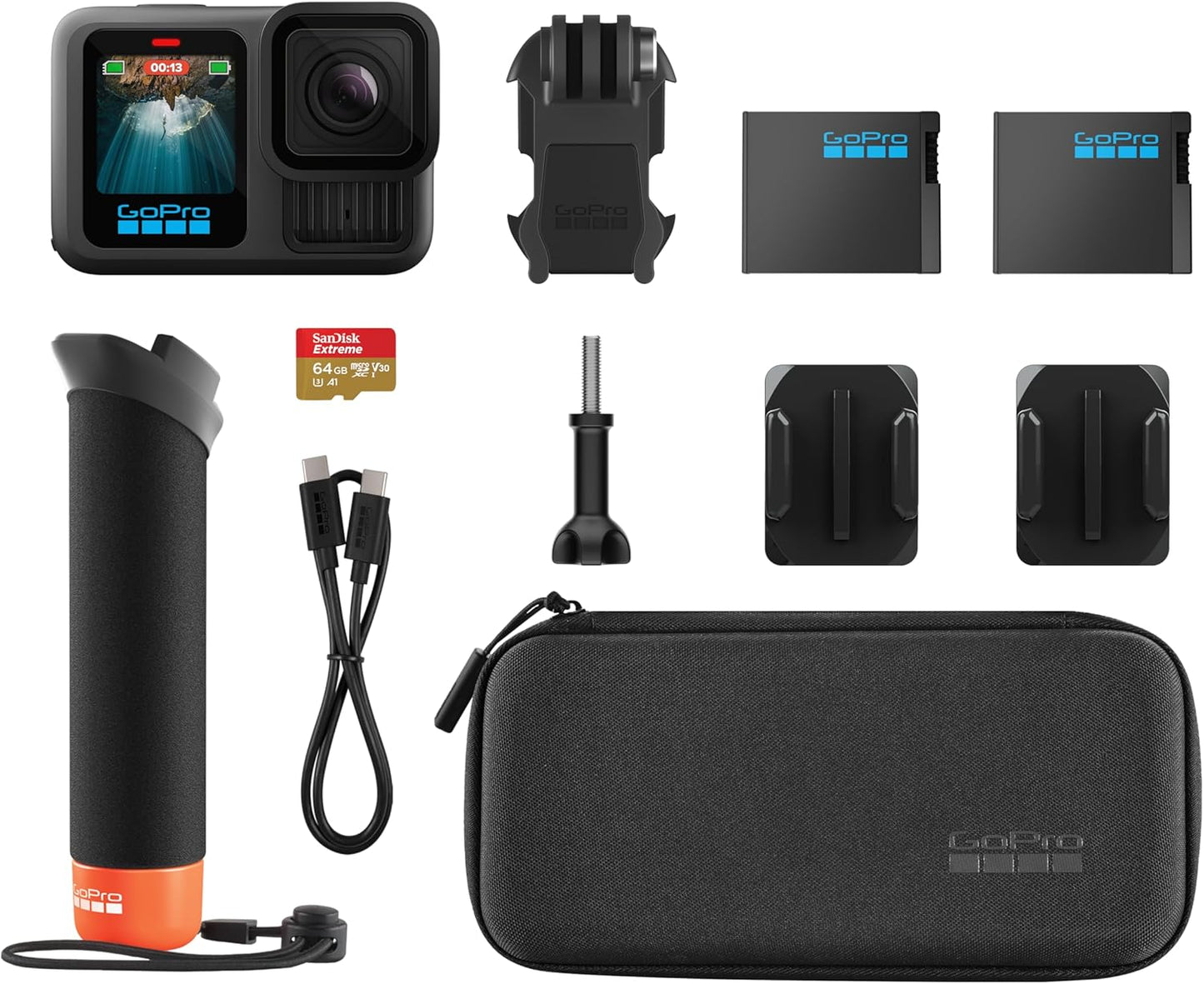 GoPro HERO13 Black Accessory Bundle - Includes The Handler (Floating Hand Grip), 2 Enduro Batteries, 2 Curved Adhesive Mounts, 64GB SanDisk MicroSD Card, Carrying Case, and more